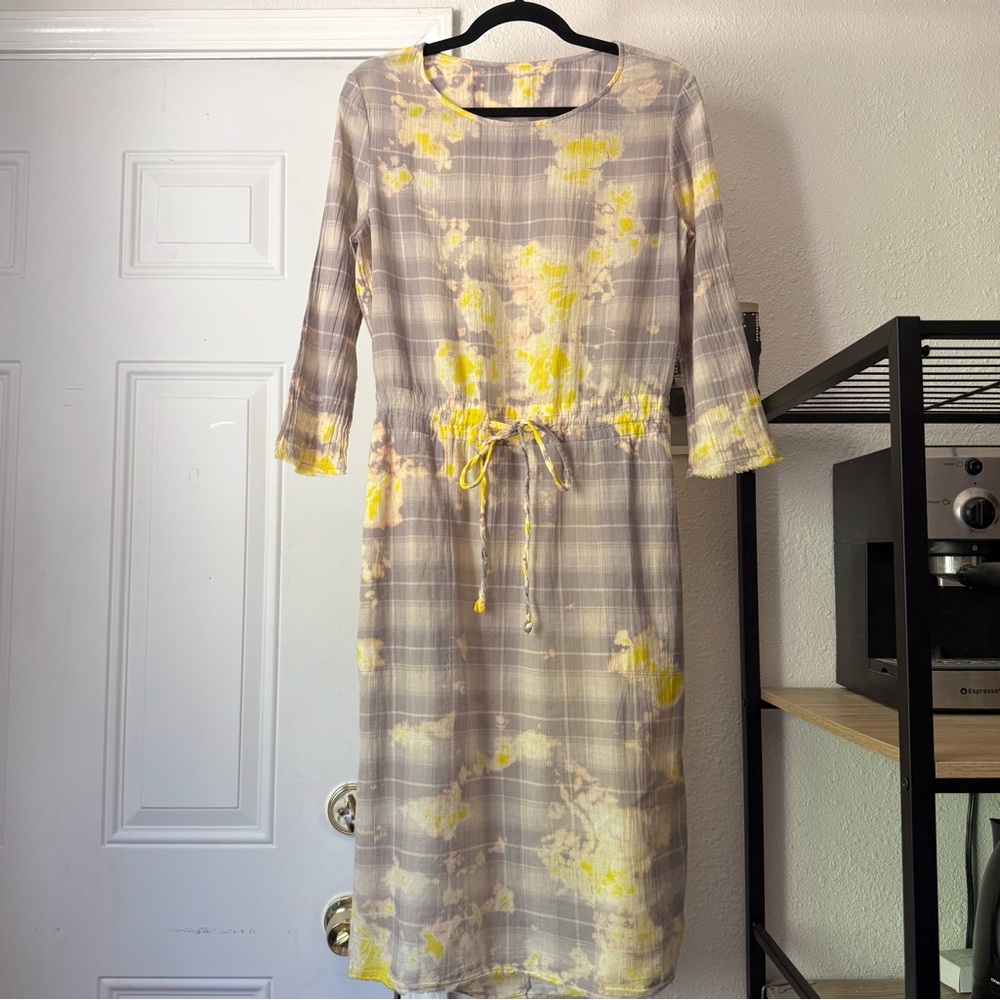 RAQUEL ALLEGRA grey yellow tan plaidβ tie dye cotton silk contrast back midi
